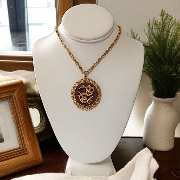 Vintage Comedy Tragedy Mask Necklace MCM Gold Tone Rhinestones Mardi Gras 70s - Picture 15 of 15